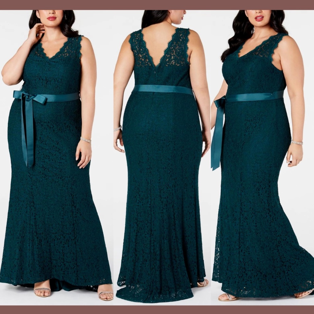 NEW Adrianna Papell [ Plus Size 20W ] Ribbon-Belt Lace Gown in Forest‎